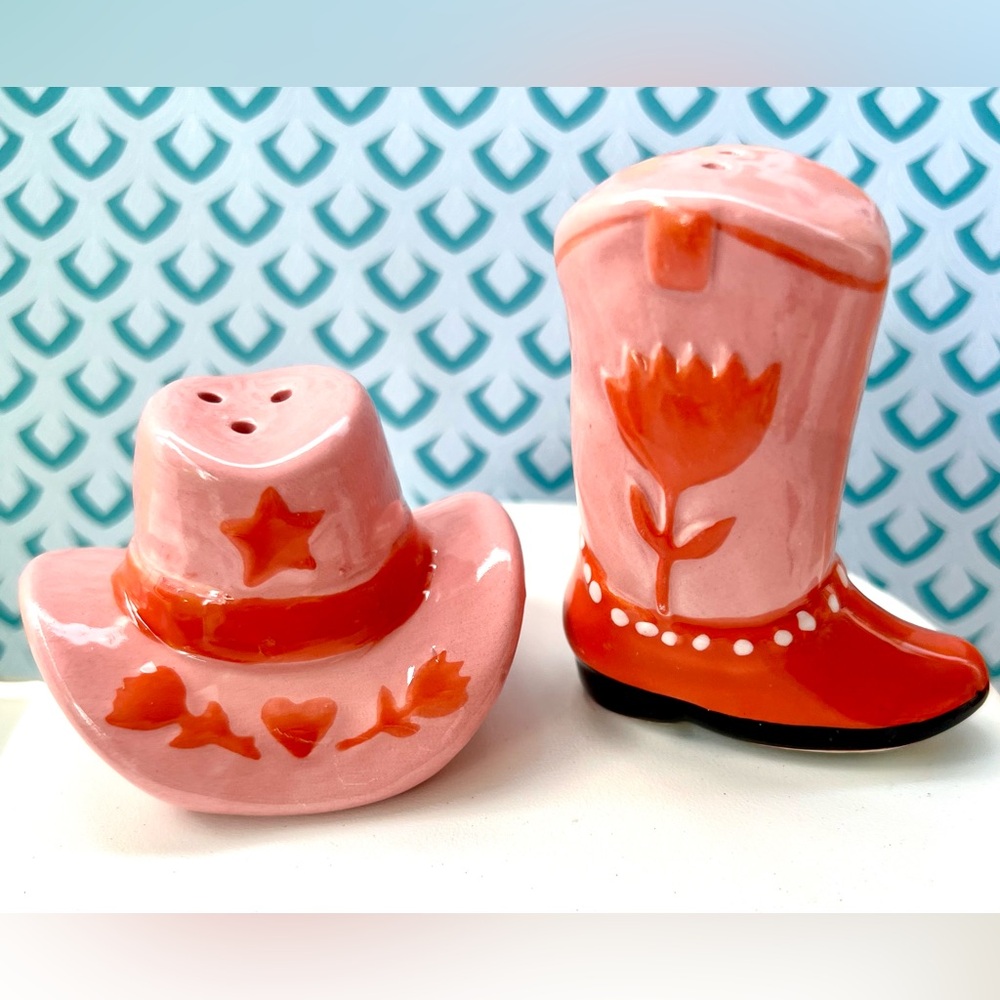 Ceramic Pink Cowgirl Hat & Boot Salt and Pepper Shakers Western Floral